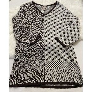 Chico's Size 2 Large Brown Animal & Houndstooth Print 3/4 Sleeve Tunic Sweater